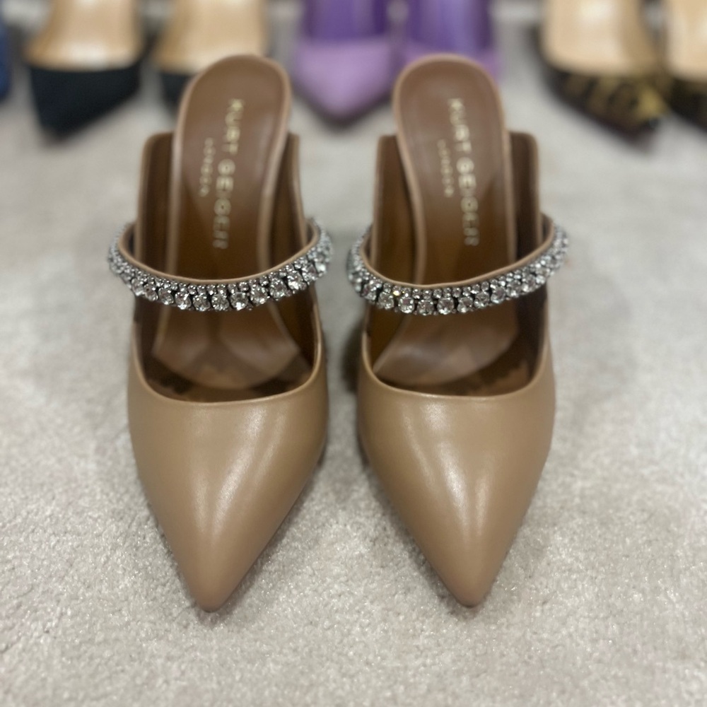 Kurt Geiger Nude Leather Heels with Crystal Strap Mules